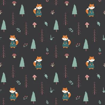 Cute Fox Seamless pattern. Cartoon Animals in forest background. Vector illus Stock Illustration
