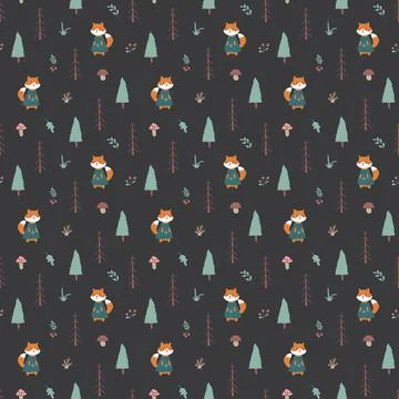 Cute Fox Seamless pattern. Cartoon Animals in forest background. Vector illus Stock Illustration