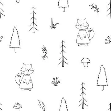 Cute Fox Seamless pattern. Cartoon Animals in forest background. Vector illus Stock Illustration