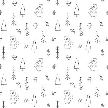 Cute Fox Seamless pattern. Cartoon Animals in forest background. Vector illus Stock Illustration