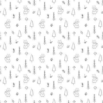 Cute Fox Seamless pattern. Cartoon Animals in forest background. Vector illus Stock Illustration