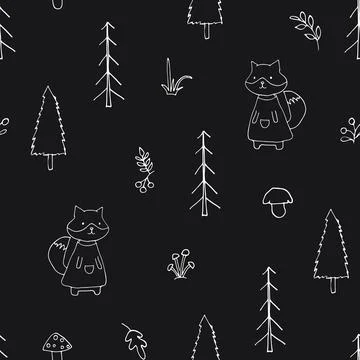 Cute Fox Seamless pattern. Cartoon Animals in forest background. Vector illus Stock Illustration