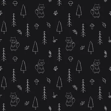 Cute Fox Seamless pattern. Cartoon Animals in forest background. Vector illus Stock Illustration