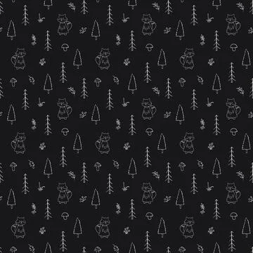 Cute Fox Seamless pattern. Cartoon Animals in forest background. Vector illus Stock Illustration