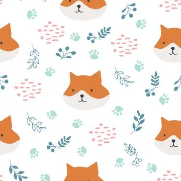 Cute Fox Seamless pattern. Cartoon Animals in forest background. Vector illus 스톡 일러스트