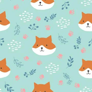Cute Fox Seamless pattern. Cartoon Animals in forest background. Vector illus Stock Illustration