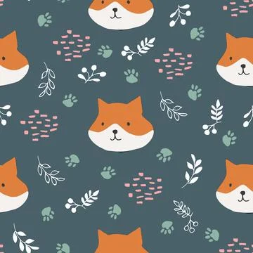 Cute Fox Seamless pattern. Cartoon Animals in forest background. Vector illus Stock Illustration