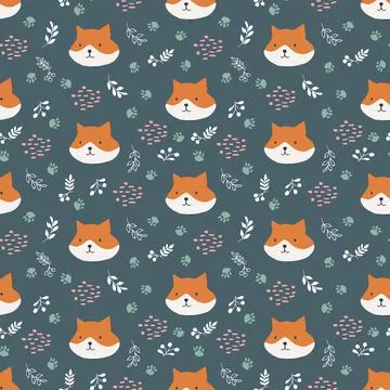 Cute Fox Seamless pattern. Cartoon Animals in forest background. Vector illus Stock Illustration