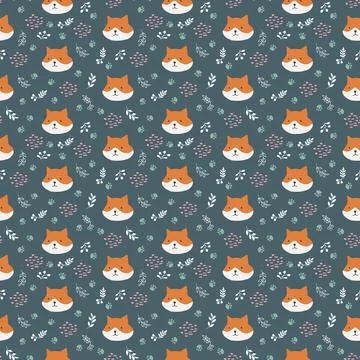 Cute Fox Seamless pattern. Cartoon Animals in forest background. Vector illus Stock Illustration