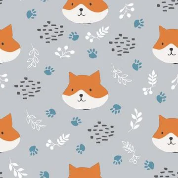 Cute Fox Seamless pattern. Cartoon Animals in forest background. Vector illus Stock Illustration