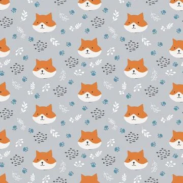 Cute Fox Seamless pattern. Cartoon Animals in forest background. Vector illus Stock Illustration