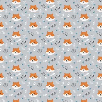 Cute Fox Seamless pattern. Cartoon Animals in forest background. Vector illus Stock Illustration