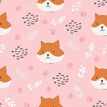 Cute Fox Seamless pattern. Cartoon Animals in forest background. Vector illus Stock Illustration