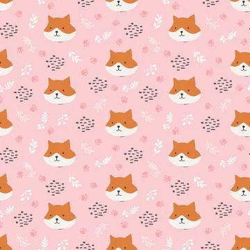 Cute Fox Seamless pattern. Cartoon Animals in forest background. Vector illus 스톡 일러스트