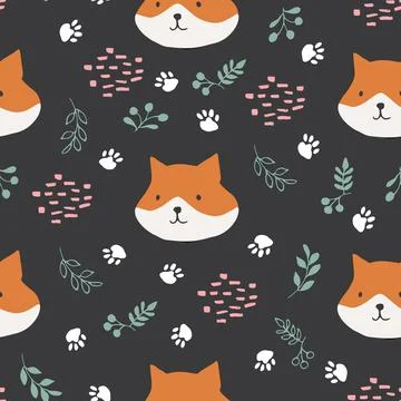 Cute Fox Seamless pattern. Cartoon Animals in forest background. Vector illus 스톡 일러스트