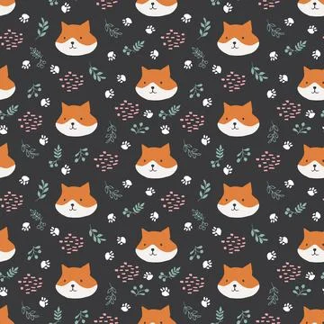 Cute Fox Seamless pattern. Cartoon Animals in forest background. Vector illus Stock Illustration