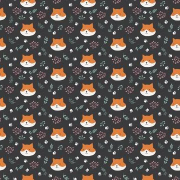 Cute Fox Seamless pattern. Cartoon Animals in forest background. Vector illus 스톡 일러스트