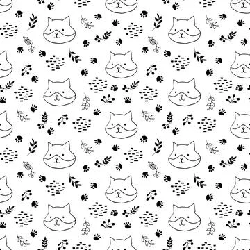 Cute Fox Seamless pattern. Cartoon Animals in forest background. Vector illus Stock Illustration