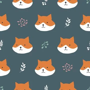 Cute Fox Seamless pattern. Cartoon Animals in forest background. Vector illus Stock Illustration