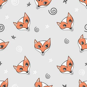 Cute fox seamless pattern. Orange red fox head on grey background, cartoon Illustrazione stock