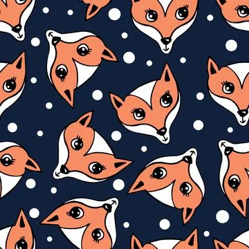 Cute fox seamless pattern. Orange red fox head on dark blue background, cartoon イラスト素材