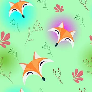 Cute fox seamless pattern, wolf hand drawn forest background with flowers a.. Stock Illustration