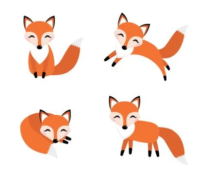 Cute fox set flat style. Foxy in different poses, sleeping, jumping, sitting Illustrazione stock