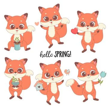 Cute fox set with spring flowers, hearts, plants Stock Illustration