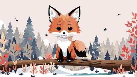 Cute fox sitting on a branch in the forest. Vector illustration. 스톡 일러스트