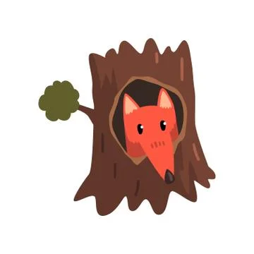 Cute fox sitting in hollow of tree, hollowed out old tree and cute animal 스톡 일러스트