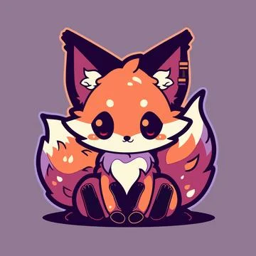 A cute fox is sitting on a purple background. Stock Illustration
