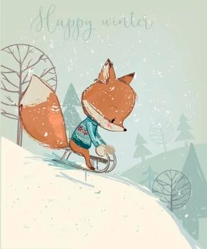 Cute fox on sleigh Stock Illustration