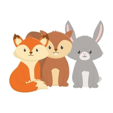 Cute fox squirrel and rabbit sitting animals on white background Stock Illustration