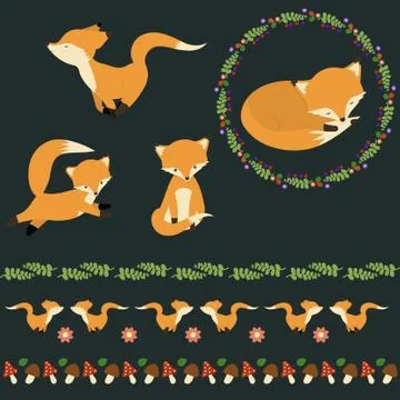 Cute fox template. Flower and berry wreath. Nature border Illustrazione stock