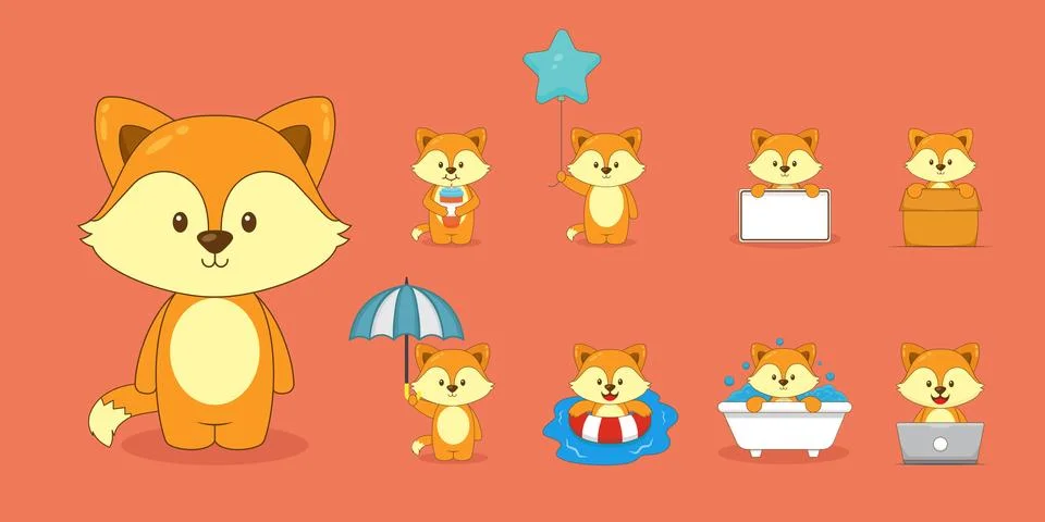 Cute Fox With Various Activity Stock Illustration