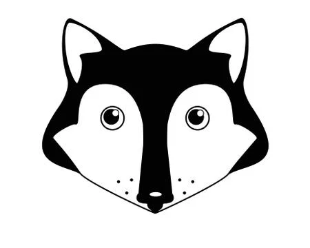 Cute Fox - vector black and white illustration. Fox head - cute picture, baby, Stock Illustration