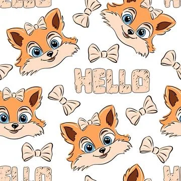 Cute fox vector kids pattern seamless trendy print with Hello, fabric textile Stock Illustration