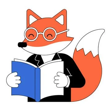 Cute fox wearing glasses reading open book vector Stock Illustration