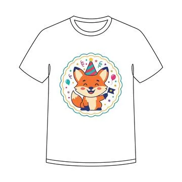 Cute fox wearing a party hat t shirt graphic design with t shirt, birthday Stock Illustration