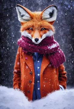 Cute fox in a winter landscape. Fox cartoon character, funny animal. Stock Illustration