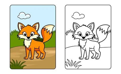 Cute fox wolf cartoon character line art for kids coloring page book Stock Illustration