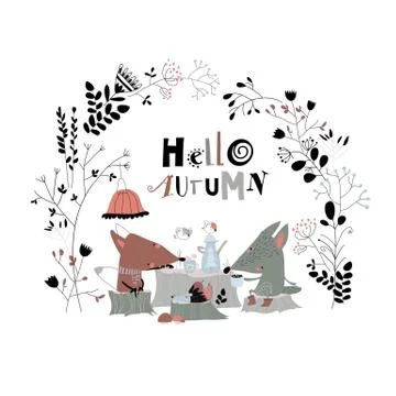 Cute fox with wolf drinking tea in the autumn forest Stock Illustration