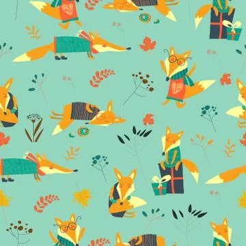 Cute foxes seamless pattern with autumn leaves Stock Illustration