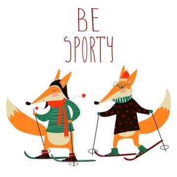 Cute foxes skiing Stock Illustration