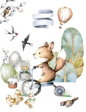 Cute Foxy on bike. Easter set for greeting card. Hand drawn watercolor forest Stock Illustration