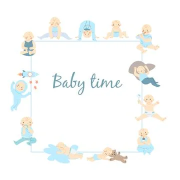 Cute frame for baby boy in flat design isolated Stock Illustration