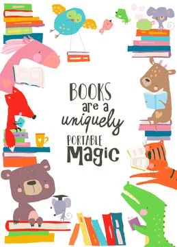 Cute frame composed of animals reading books Stock Illustration