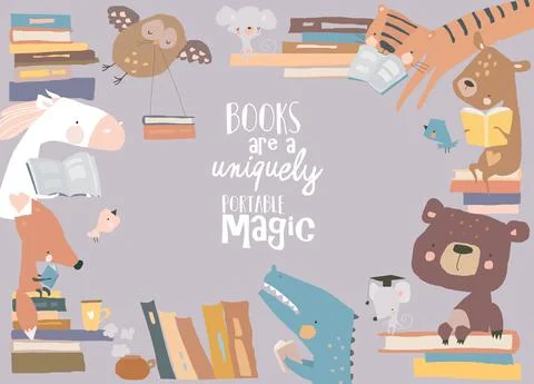 Cute frame composed of animals reading books Stock Illustration