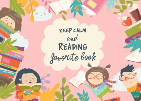 Cute frame composed of children reading books Stock Illustration
