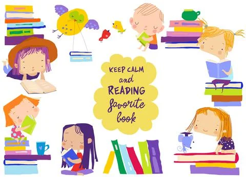 Cute frame composed of children reading books Stock Illustration